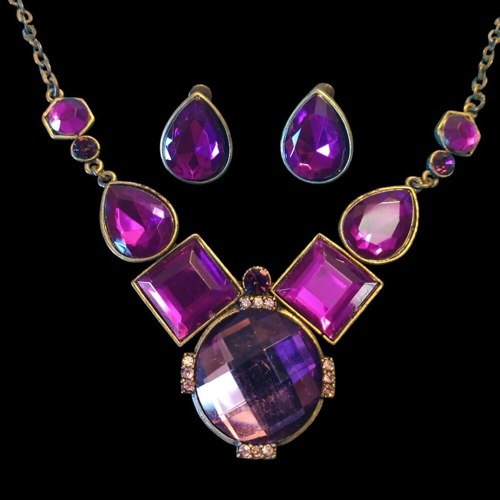 VTG Statement Necklace Earrings Set Womens Purple Rhinestone Gold Toned Pierced